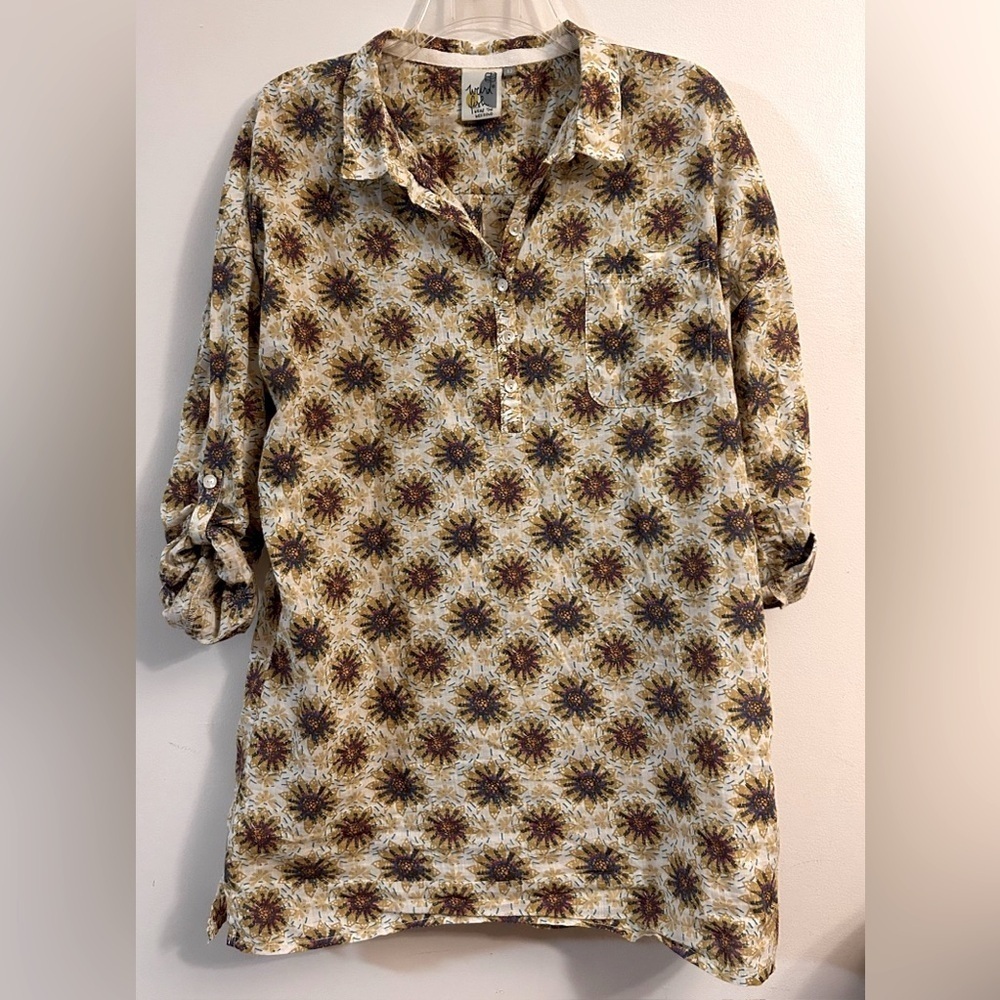WEIRD FISH Mustard Mix Floral Print Cotton Tunic  Blouse Rolled Sleeves Size 12